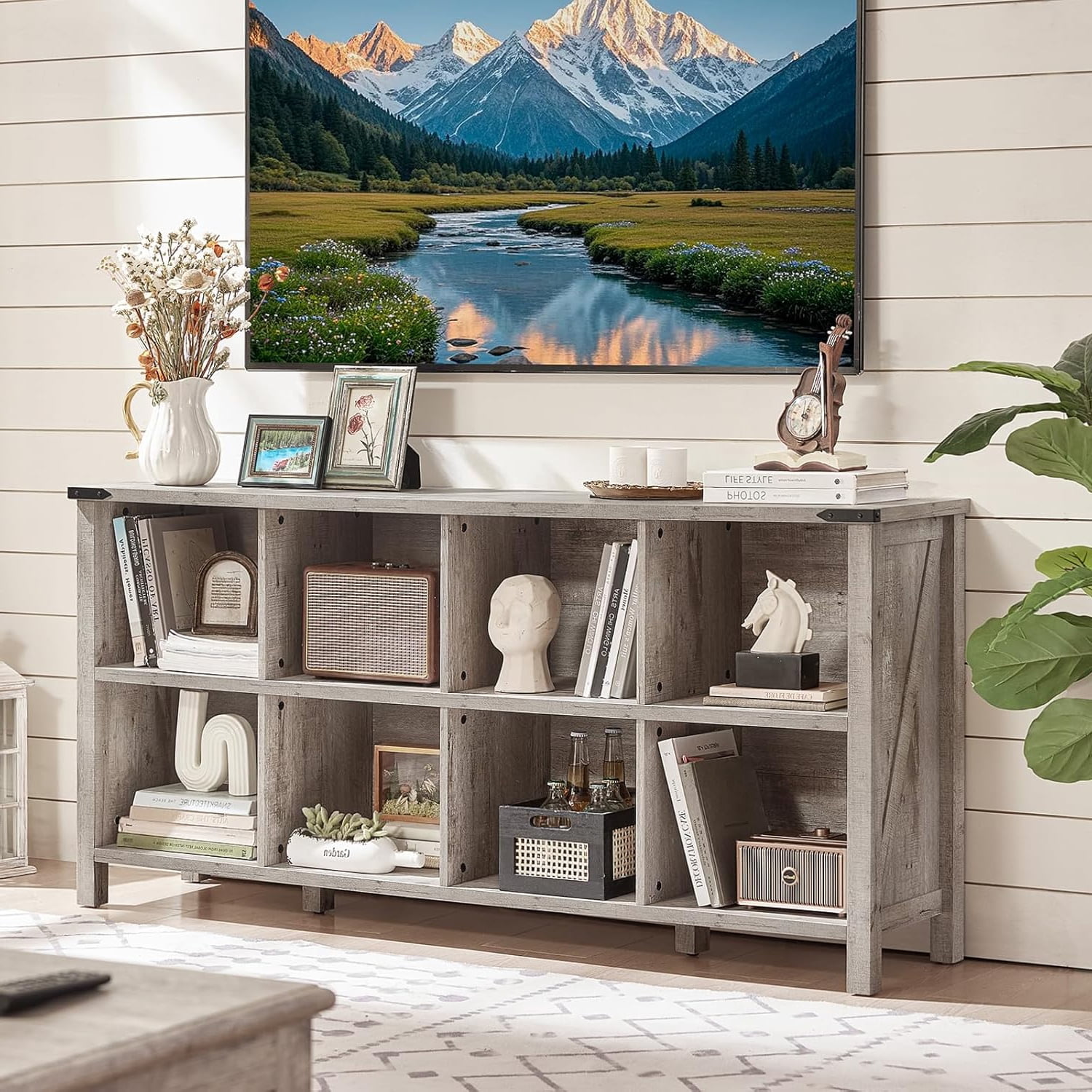Joaxswe 8 Cube 2-Tier Open Wooden Bookshelf Toy Storage Organizer Cubby Bookcase with Legs, Rustic Entryway Book Case, Oak