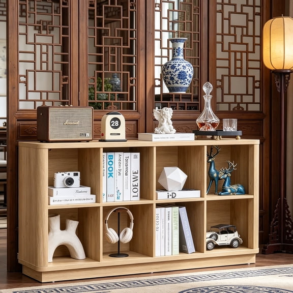 Joaxswe 8-Cube Bookcase Farmhouse 2-Tier Storage Organizer Horizontal Vertical Bookshelf, Natural Oak