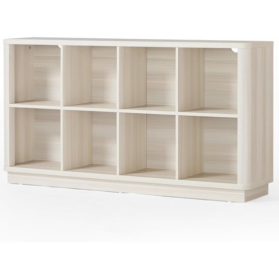 Joaxswe 8 Cube Storage Bookcase, 52" Long Horizontal Book Shelf w/Curved Edge, Wood Low 2-Tier Cubby Console Bookshelf with Base, Modern Floor Standing TV Stand for Living Room, Gray-White Cream Oak
