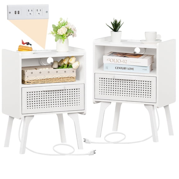 Joaxswe Accent Bed Side Table, Rattan Night Stands with Decor Drawer & Shelf Set of 2, Wooden Side Table with Charging Station, White