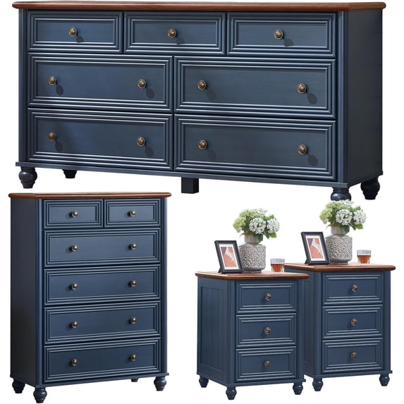Joaxswe Bedroom Furniture Sets, Include 7-Drawer Dresser & 43.5" Tall Chest of Drawers and 2 Nightstands, Navy Blue