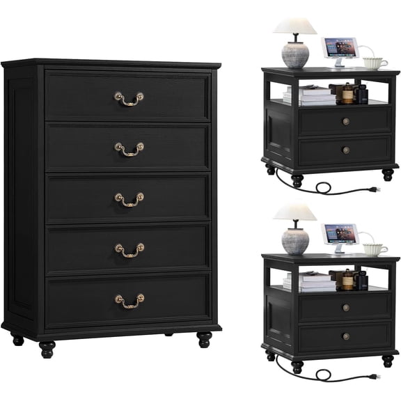 Joaxswe Bedroom Tall Dresser Set & 2 Nightstands with Charging Station, Farmhouse Bedroom Furniture Set with Spacious Storage, 3 Piece, Black