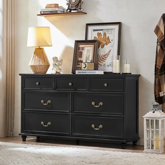 Joaxswe Black Dresser with 7 Drawers, Wood Storage Chest of Drawers for Bedroom Living Room Hallway