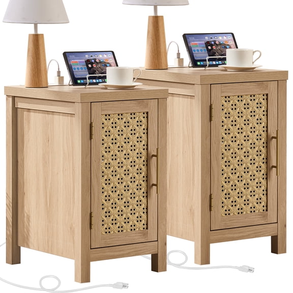 Joaxswe Boho End Table with Charging Station Set of 2, Sofa Side Table with Storage Cabinet, Small Nightstand for for Living Room, Bedroom, Natural