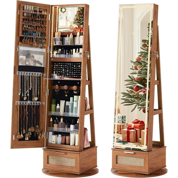 Joaxswe Boho Lockable Jewelry Cabinet with 360° Swivel Stand, Frameless Full-Length Mirror, 3 Storage Shelves & 3 Compartments, Tea Brown