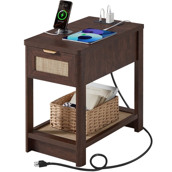 Joaxswe Boho Narrow Side Table with Charging Station & Storage Drawer, Boho Small Dresser, Mini Sofa Table, Night Stand Bed Side Tables, Walnut