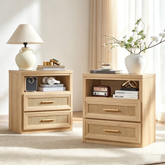 Joaxswe Boho Nightstand Set of 2 with 2 Drawers, 24" Wide Storage Cabinet with Open Shelf, Bedside Table for Bedroom, Living Room, Natural