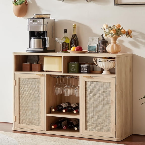 Joaxswe Coffee Bar Cabinet, 47.2" Rattan Sideboard Buffet Cabinet with Storage, Boho Farmhouse Liquor Cabinet with Wine Racks for Living Dining Room Kitchen, Natural