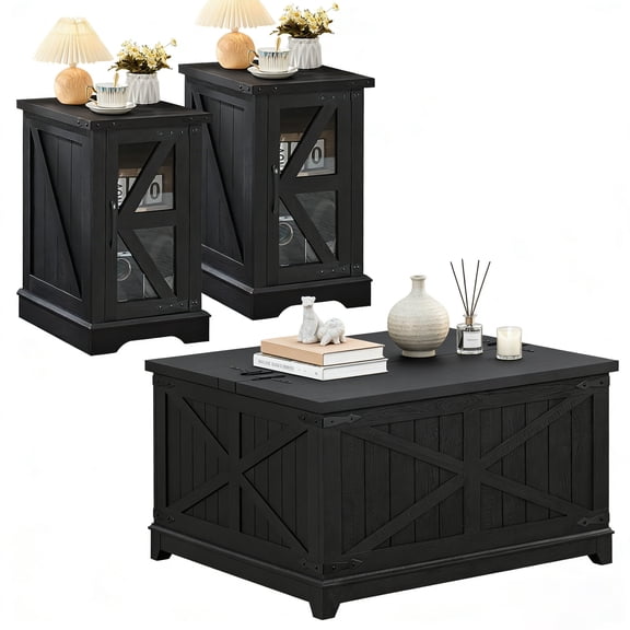 Joaxswe Coffee Table Set 3, Farmhouse Flip Coffee Table with Storage, Square Coffee Table with Hidden Storage Compartment, Tea End Table for Living Room, Black