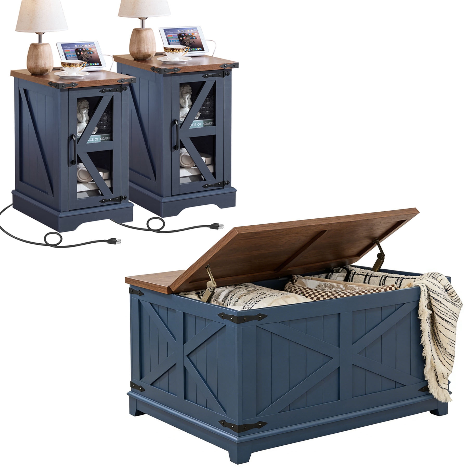 Joaxswe Coffee Table Set of 3, Flip Top Coffee Table with Large Hidden Storage, 2 Farmhouse Nightstands with Charging Station for Living Room, Navy