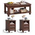 thumbnail image 1 of Joaxswe Coffee Table Set of 3, Rustic Farmhouse Wooden Coffee Table & Side Table set of 2 with Charging Station, Living Room Furniture Set, Walnut, 1 of 8