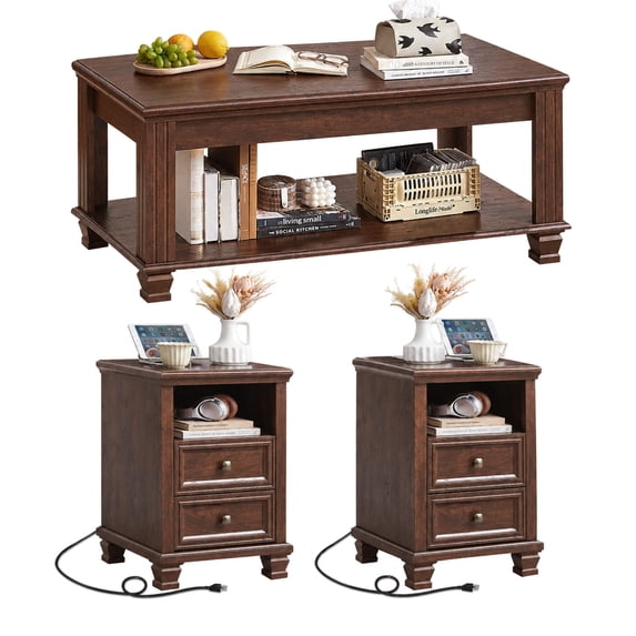 Joaxswe Coffee Table Set of 3, Rustic Farmhouse Wooden Coffee Table & Side Table set of 2 with Charging Station, Living Room Furniture Set, Walnut