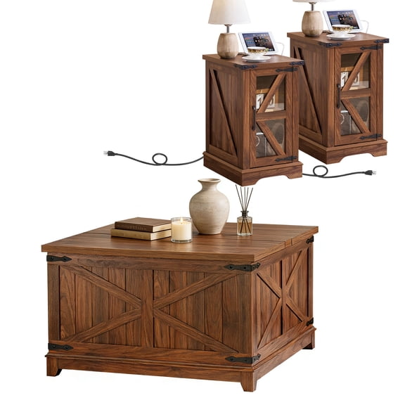 Joaxswe Coffee Table Set of 3, Square Flip Coffee Table with Power Outlets, Farmhouse Coffee Table w/Large Hidden Storage, Side Table for Hall, Brown