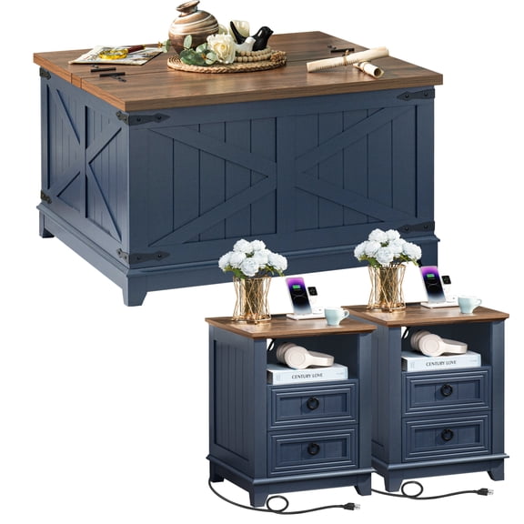 Joaxswe Coffee Table with Hidden Compartment & 2 Drawers Nightstand with Open Shelf & Charging Station, Center Table Set for Living Room, Blue
