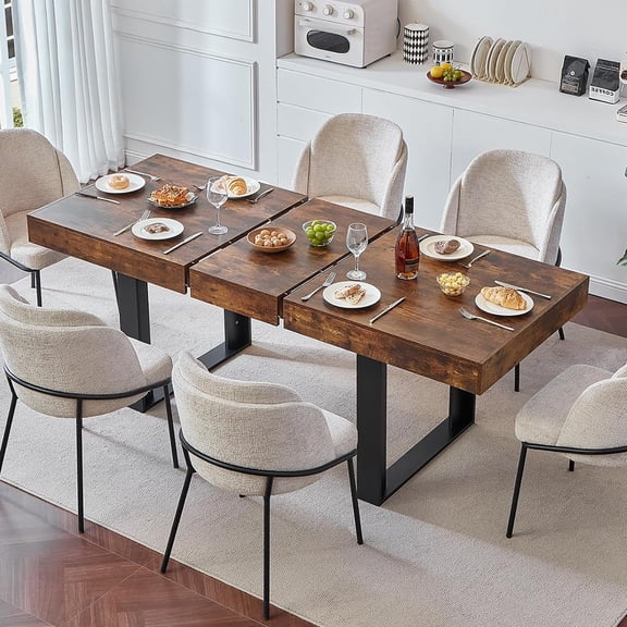 Joaxswe Dining Table Extendable 63 in-79 in for 4-8, Wood Rectangle with Fluted Base for Dinning Room Kitchen Living Room Farmhouse Walnut