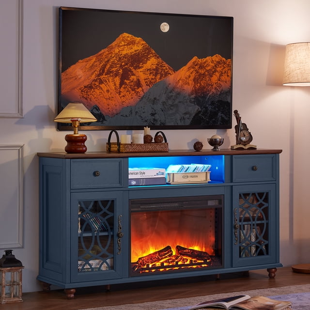 Joaxswe Electric Fireplace TV Stand Modern Entertainment Center for TVs up to 65" with LED Light and Storage Shelves, Blue