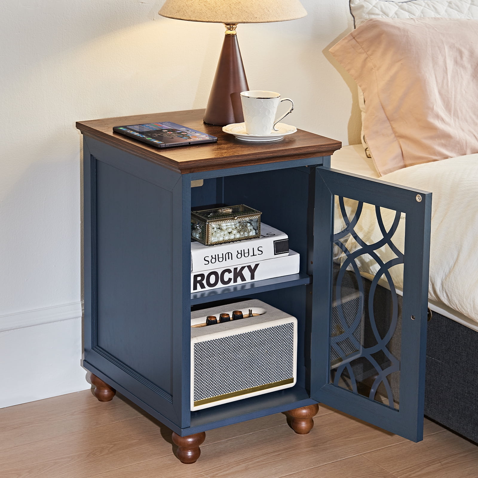 Joaxswe Elegant Nightstand with Glass Door, Farmhouse Bedside Table with Adjustable Shelf, Blue
