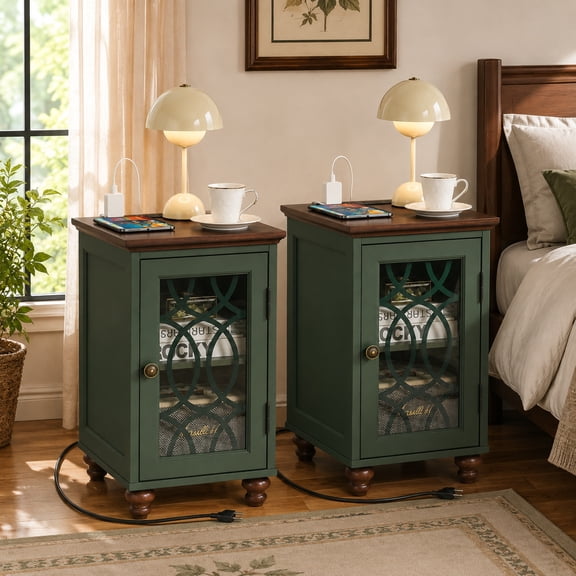 Joaxswe End Table Set of 2 for Living Room, Narrow Side Table with Charging Station & Glass Door, Modern Nightstand for Bedroom, Christmas Green