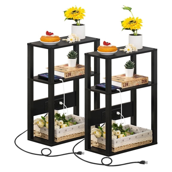 Joaxswe End Table w/ Charging Station Set of 2, Narrow Side Table for Living Room, Black
