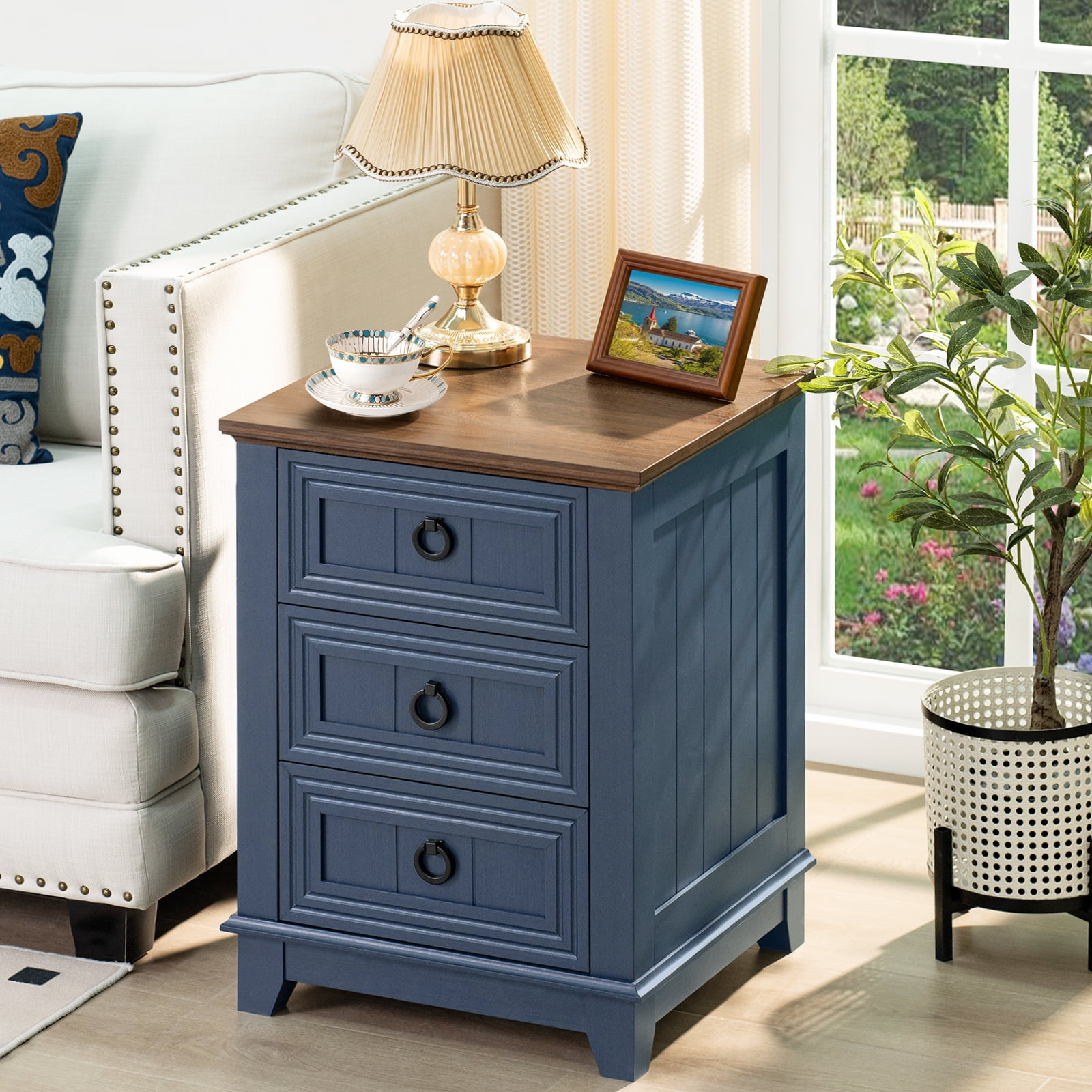 Joaxswe End Table with 3 Drawers for Living Room, Elegant Nightstand with Metal Handle for Bedroom, Blue