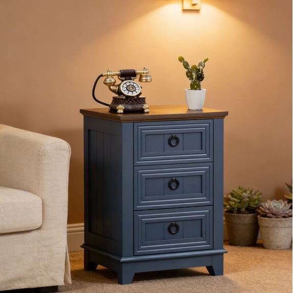 Joaxswe End Table with Charging Station, Bedside Table with 3 Drawer and Storage Cabinet, Small Adult Nightstand for Home Office, Navy