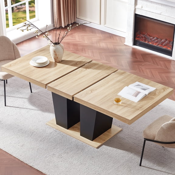 Joaxswe Extendable Dining Table 63"-79", Wood Rectangle with Fluted Base, Seats 4-8, Natural Oak for Dining Room, Kitchen, Living Room