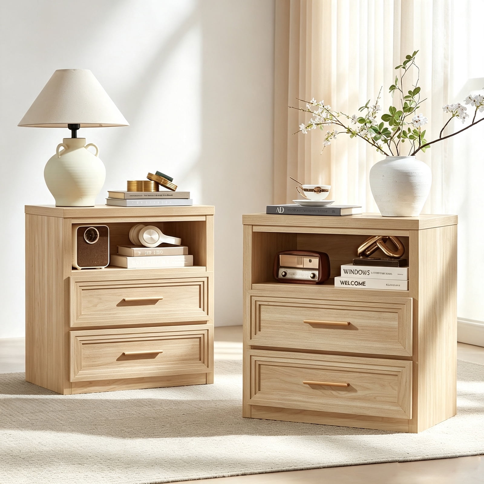 Joaxswe Farmhouse 2 Drawers Night Stand Set of 2, Modern Wooden Storage ...
