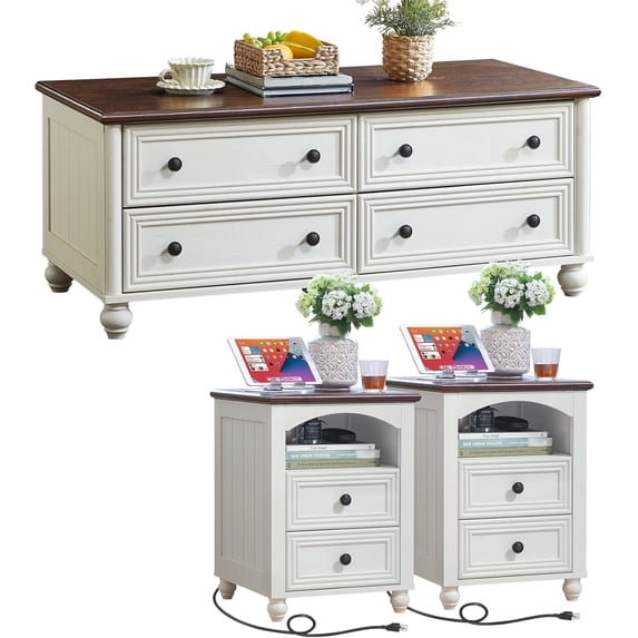 Joaxswe Farmhouse 3-Piece Coffee Table & Nightstand Set, 48" Center Table & 18" Nightstand with Charging Station, for Living Room, Hallway, White