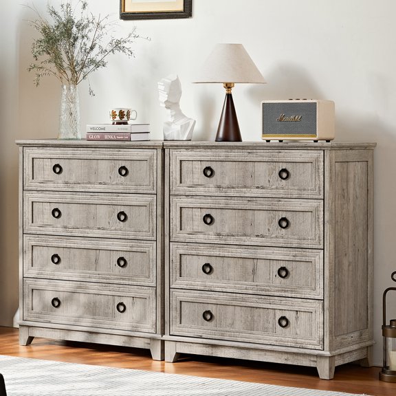 Joaxswe Farmhouse 4 Drawer Dresser Set of 2, Modern Wood Chest Dresser for Bedroom Living Room Grey Oak