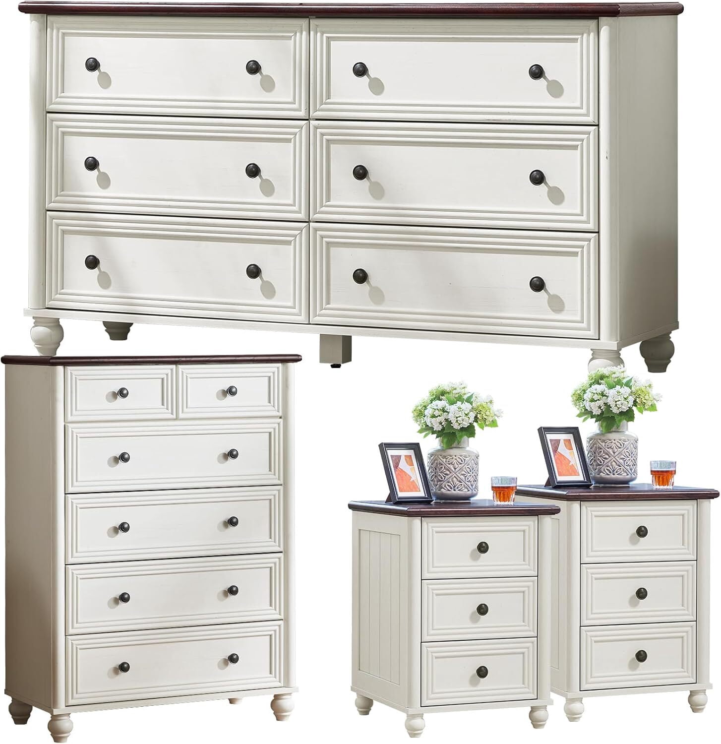 Joaxswe Farmhouse 4-Piece Bedroom Set, 54" 6-Drawer Dresser, 43.5" Chest, 2 Roman Column Nightstands, Wood, for Living Room, Hallway, White