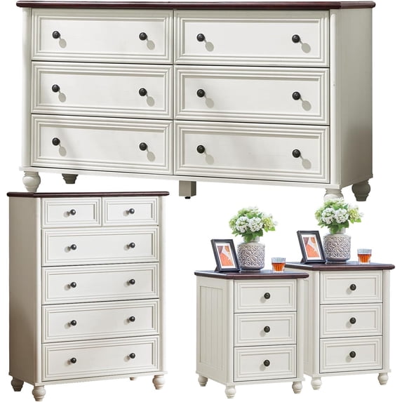 Joaxswe Farmhouse 4-Piece Bedroom Set, 54" 6-Drawer Dresser, 43.5" Chest, 2 Roman Column Nightstands, Wood, for Living Room, Hallway, White