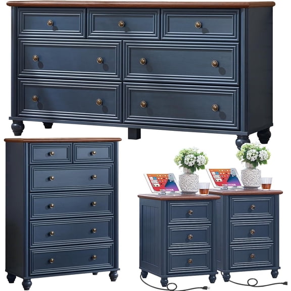Joaxswe Farmhouse 4-Piece Bedroom Set: 54" Dresser, 43.5" Chest, 2 Nightstands with USB Charging, Wood Furniture for Living Room Hallway, Navy