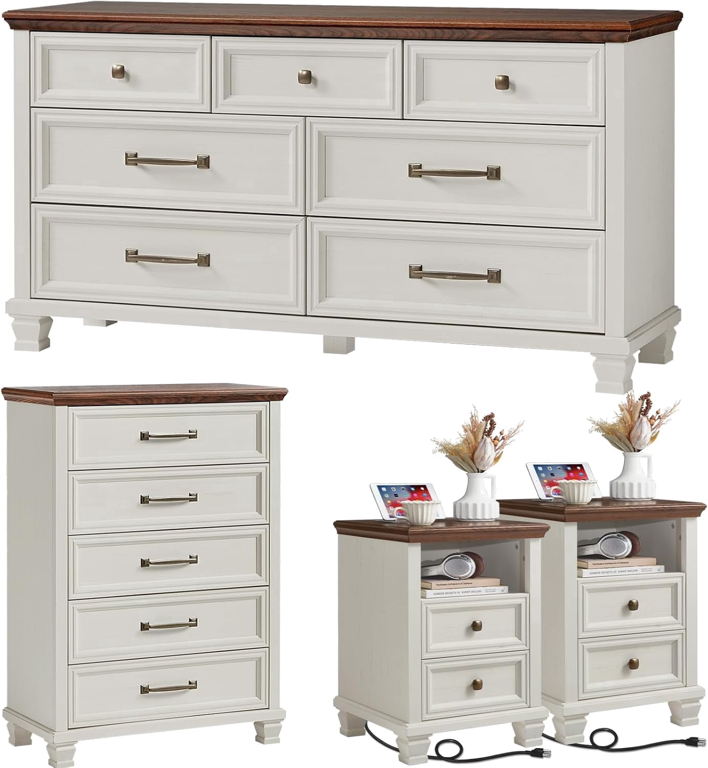 Joaxswe Farmhouse 4-Piece Dresser & Nightstand Set, 5/7 Drawer Dresser & 2-Drawer Nightstand, Rustic Wood Bedroom Furniture, White