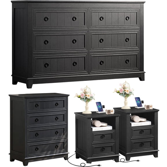 Joaxswe Farmhouse 4-Piece Dresser & Nightstand Set, 6-Drawer Dresser & 35" Chest, 2 Nightstands (18") with Charging Station, 54" Wide, Black