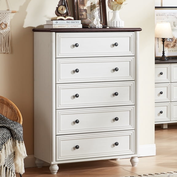 Joaxswe Farmhouse 5-Drawer Dresser, 45" Tall Wood Chest of Drawers, Rustic Storage with Metal Handle for Bedroom, Living Room, Hallway, White