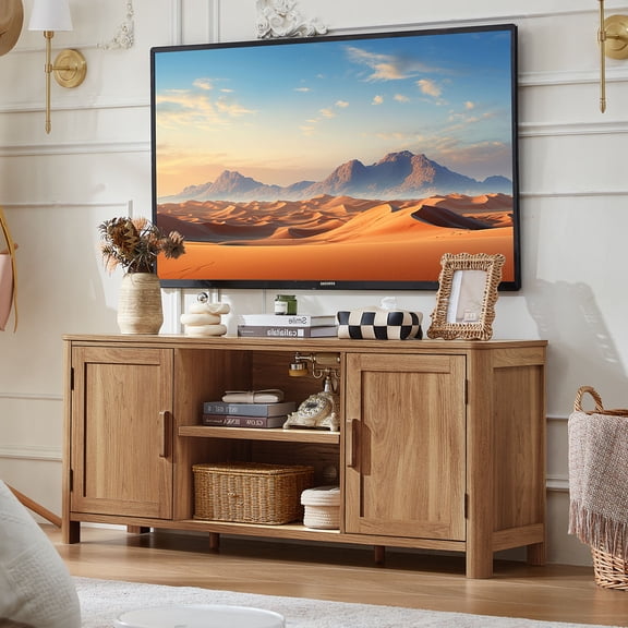 Joaxswe Farmhouse Barn Door TV Stand for up to 65" TVs & 2 Door Storage, Entertainment Center Console Table with Adjustable Shevles for Living Room