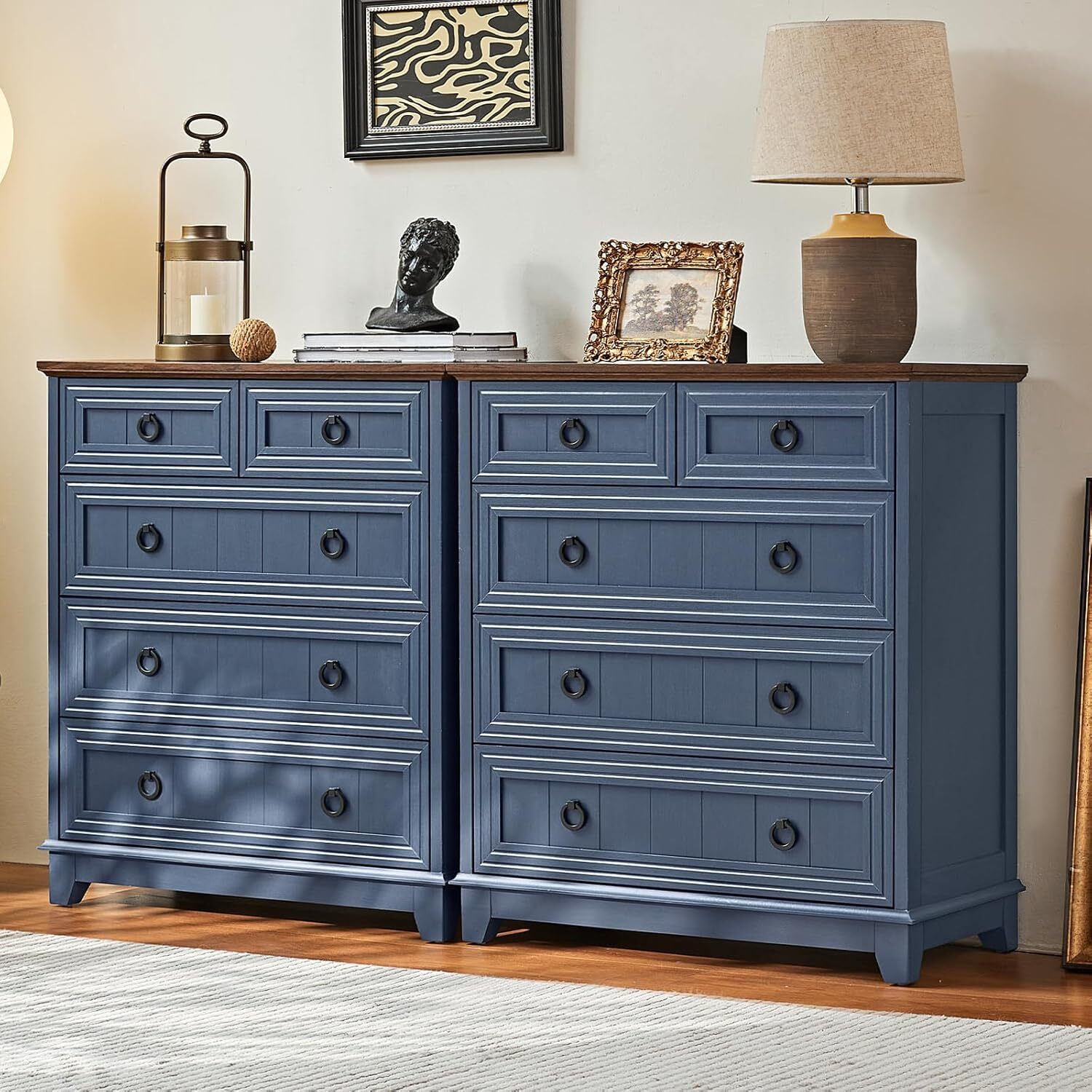 Joaxswe Farmhouse Blue Dresser Set of 2, 4 Drawer Dresser for bedroom,  Retro Wood Storage Cabinet for Living Room