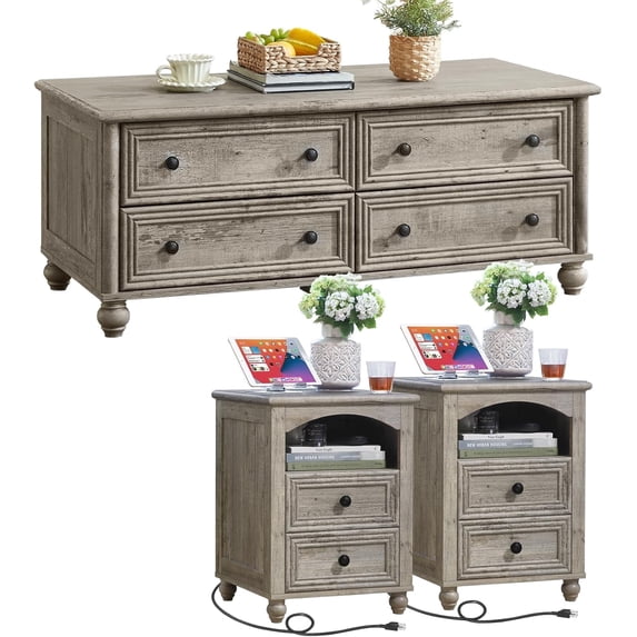 Joaxswe Farmhouse Coffee Table Set of 3, Wooden Living Room Center Table & 2 Nightstands with USB Ports, 3 Pieces Tea Table Set for Home, Office, Grey