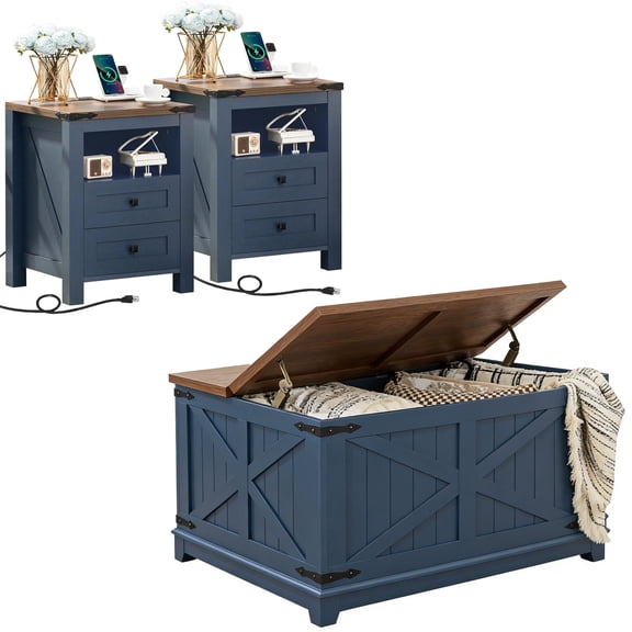 Joaxswe Farmhouse Coffee Table Sets of 3, Large End Side Tables with Charging Station & Coffee Table with Hidden Storage Space, Navy