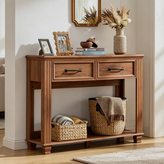 Joaxswe Farmhouse Console Table with 2 Storage Drawer and Open Storage Shelf, Rustic Entryway Table for Home, Brown