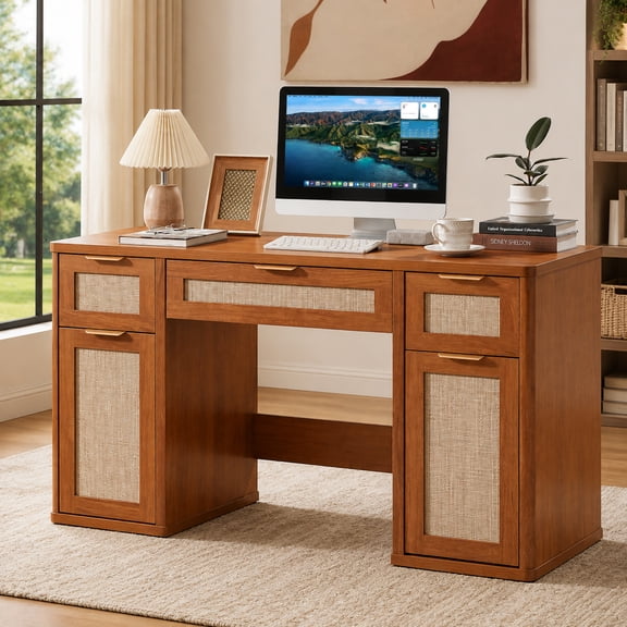 Joaxswe Farmhouse Desk for Computer Office, Rattan Study Table with Adjustable Shelves & Metal Handles, Wooden Desk for Bedroom, Tea Brown