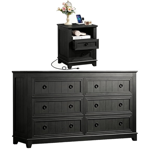 Joaxswe Farmhouse Dresser and Side Table Set of 2 for Living Room, 6 Drawers Chest & Nightstand with Charging Station, Wood Furniture Set, Black