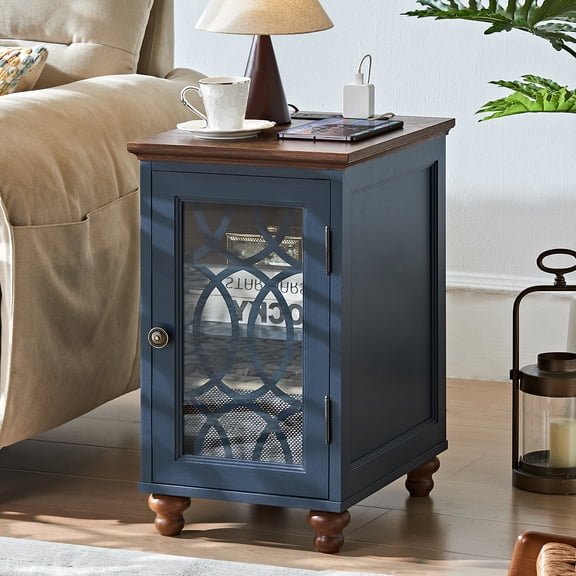 Joaxswe Farmhouse End Table with Charging Station, Narrow Side Table for Living Room, Nightstand with Storage Cabinet & Glass Door, Adjustable Shelf, Blue