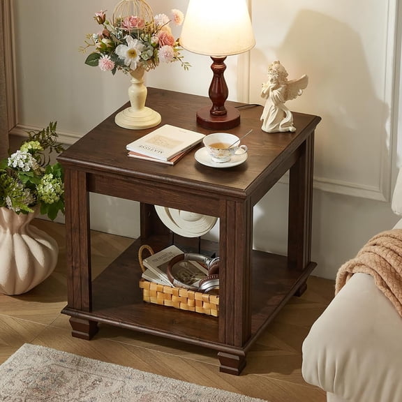 Joaxswe Farmhouse End Table, Large 2-Tier Side Table with Storage Shelf, Walnut Square Tea Table for Living Room