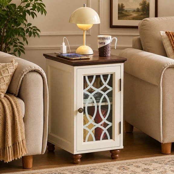 Joaxswe Farmhouse End Table, Narrow Side Table with Charging Station, Glass Door, Solid Wood Legs, Bedside Table for Living Room, Antique White