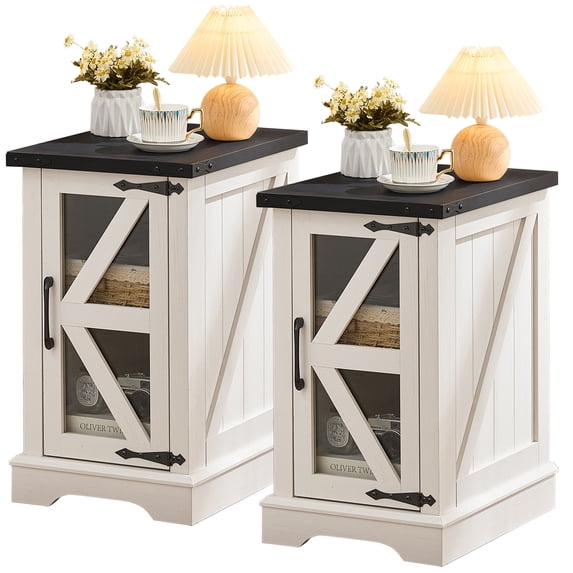 Joaxswe Farmhouse End Table, Nightstand Set of 2 with Glass Barn Door, Side Table for Living Room Bedroom, White