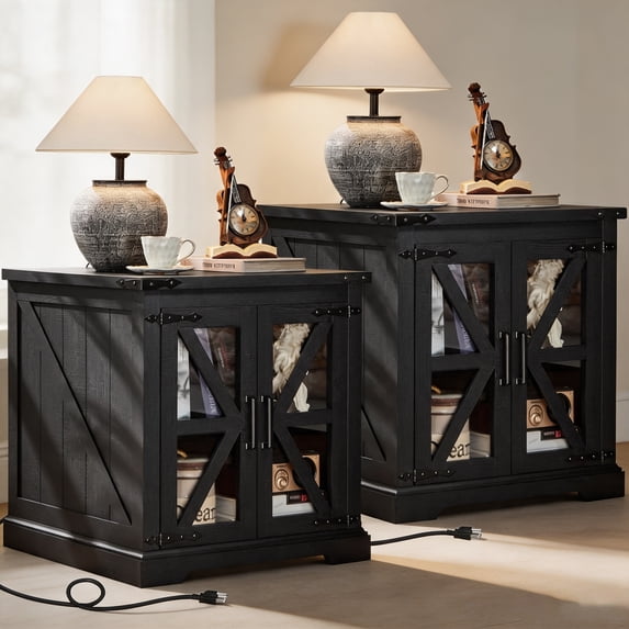 Joaxswe Farmhouse End Table Set of 2 with Charger, 24" Square Nightstand with Glass Barn Door, Modern Side Table for Office, Classic Black
