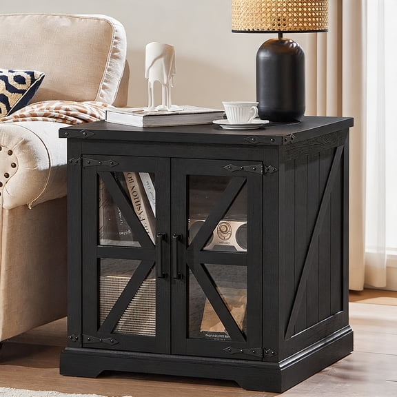 Joaxswe Farmhouse End Table with Charger, 24" Square Nightstand with Glass Barn Door, Modern Side Table for Office, Classic Black