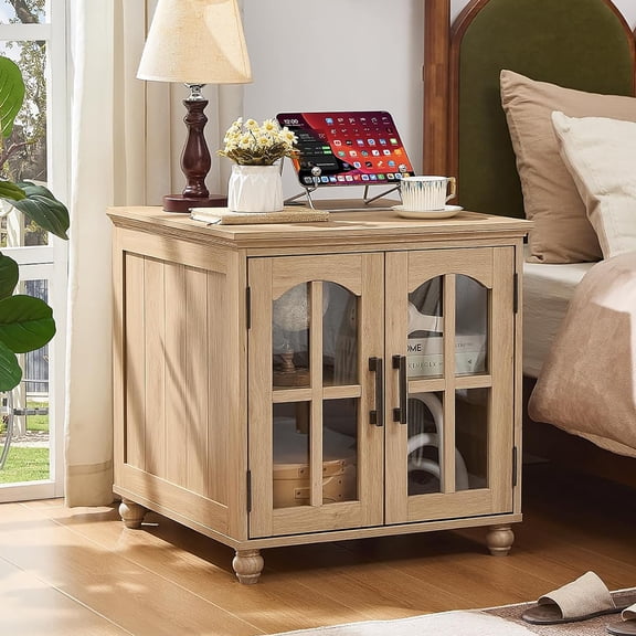 Joaxswe Farmhouse End Table with Charging Station, 24" Large Sofa Side Table with Glass Barn Door, Rustic Wood Night Stand for Living Room, Office