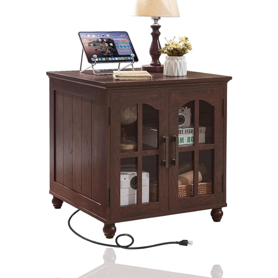 Joaxswe Farmhouse End Table with Power Outlet, Side Table with Glass Door for Living Room, Nightstand with Storage for Bedroom, Walnut